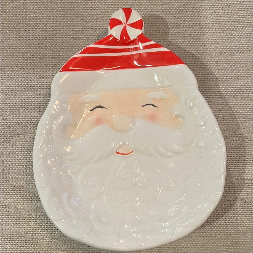 Creative Co-Op Hand-Painted Ceramic Santa Shaped Plate/NIB